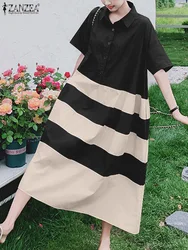 ZANZEA Fashion Summer Sundress Women Lapel Neck Short Sleeve Striped Dress Robe Femme Vintage Loose Casual Shirtdress Vestido