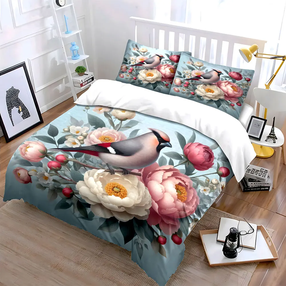 Graceful bird perched on exquisite blossoms Pattern Duvet Cover Set Digital Print Colorful Polyester Bedding with Zipper Closur