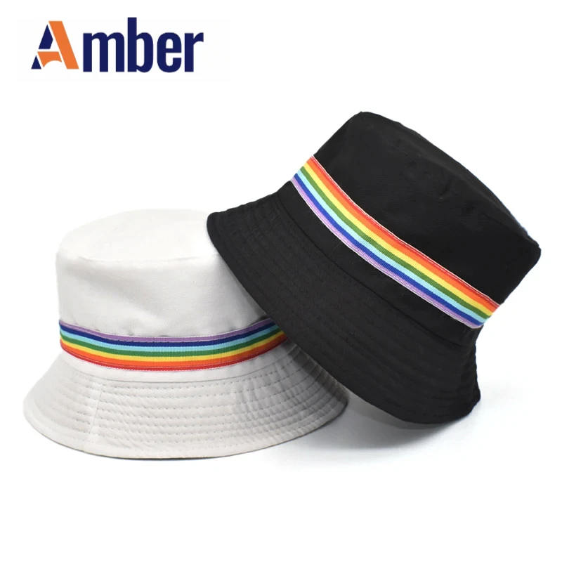 

Amber Rainbow Bucket Hat Embroidery Panama Fisherman Hats For Men Women Double Sides Foldable Black White Summer Bob Cap Gorras