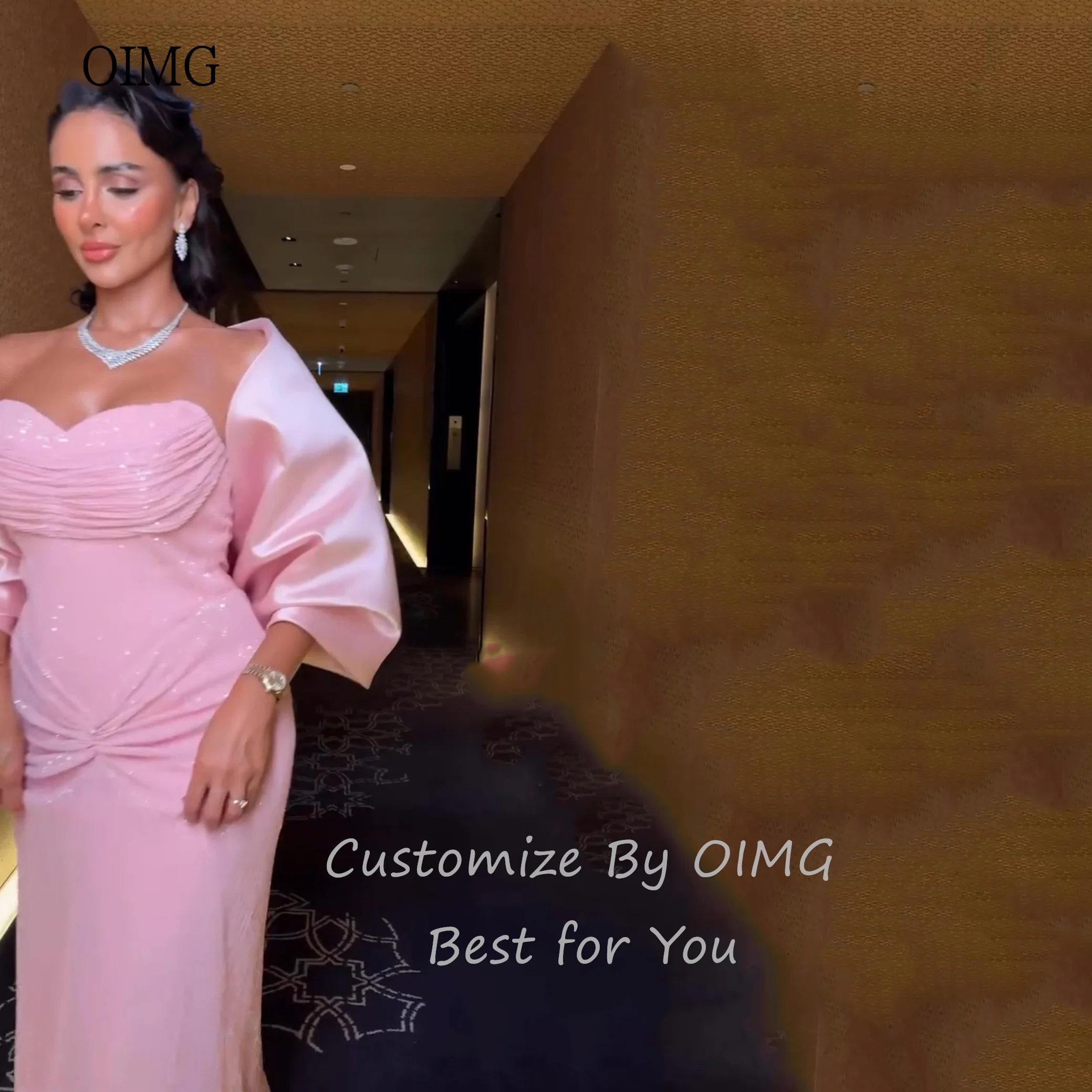 Oimg brilhante rosa sereia vestidos de baile boné querida pescoço vestido de festa até o chão vestido de noite personalizado