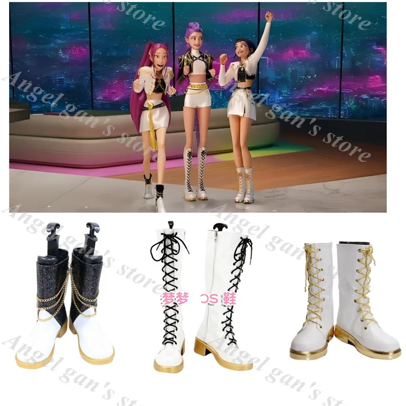 

KPop Охотники на демонов HUNTR/X Девушки Руми Мира Зои Черный Золотой Танцевальный наряд Обувь Сапоги для косплея Карнавальные сапоги на Хэллоуин