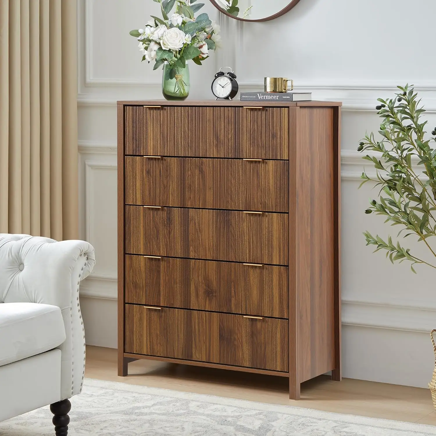 5 Drawer Dresser With Waveform Fluted Panel, Wood Storage Chest For Bedroom Closet Living Room, Walnut, Customized