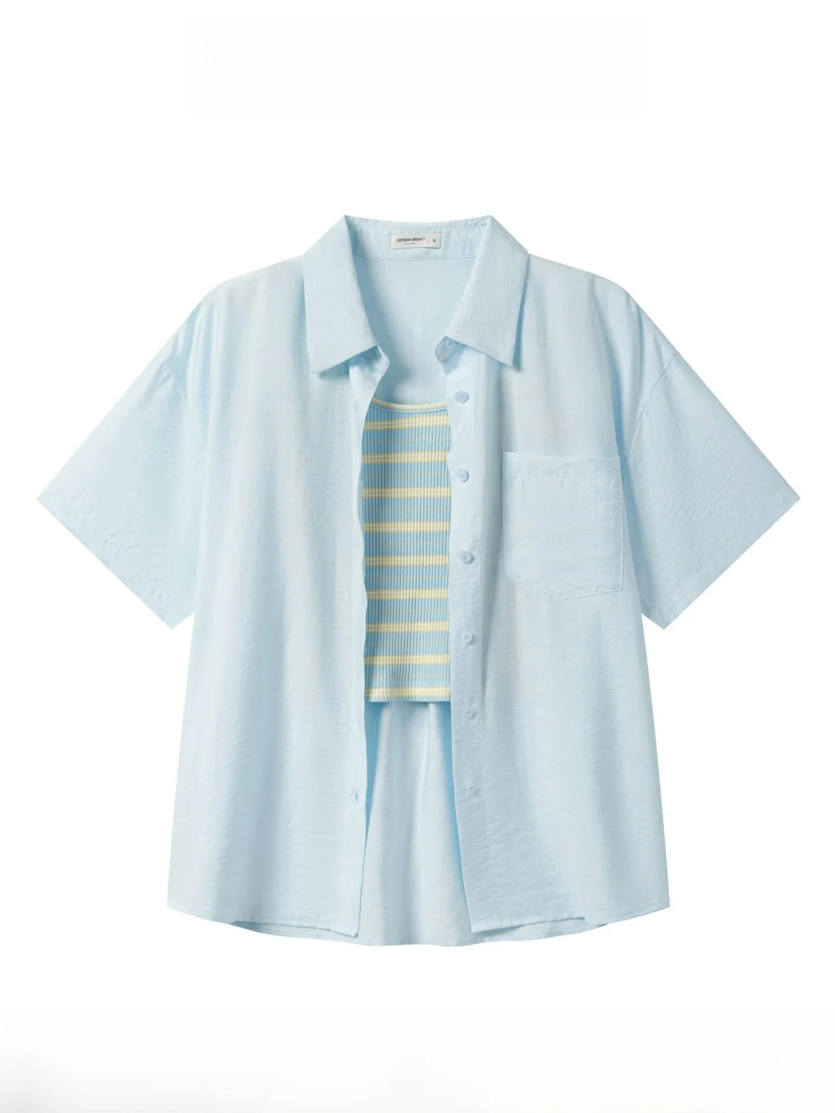 

Blue Striped mat Blouse And Pants Set Women's Summer 2025 New College Sle Two-Piece Suit Cotton Polyester Blend