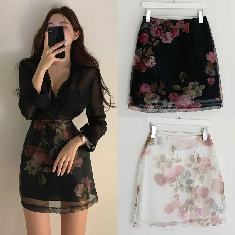 2024 Wiosna Lato Nowe Koreańskie Szykowne Eleganckie Spódnice Damskie Wysoka Talia Pakiet Hip Mini Jupe Vintage Floral Print Gauze Mujer Faldas