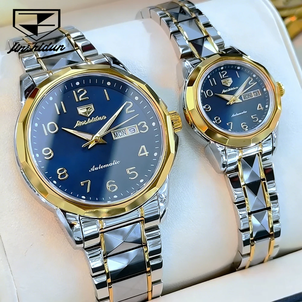 

Часы JSDUN для пар, лучшие брендовые роскошные модные часы с ремешком из вольфрамовой стали, сапфировым зеркалом, оригинальные автоматические механические наручные часы с датой