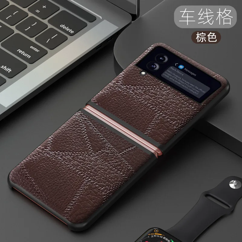Luxury Genuine Leather Case for Samsung Galaxy Z Flip4 Case Vintage Line Z Flip3 Case Shockproof Shell for Samsung Z Flip 3 Case