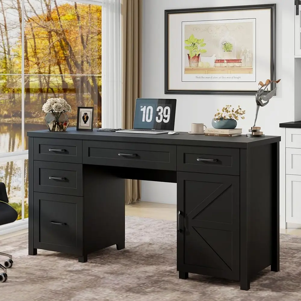 

Рабочий стол 61 Rustic Executive с 5 ящиками, зарядной станцией и шкафом для хранения для домашнего офиса или кабинета, цвет черный эбеновый