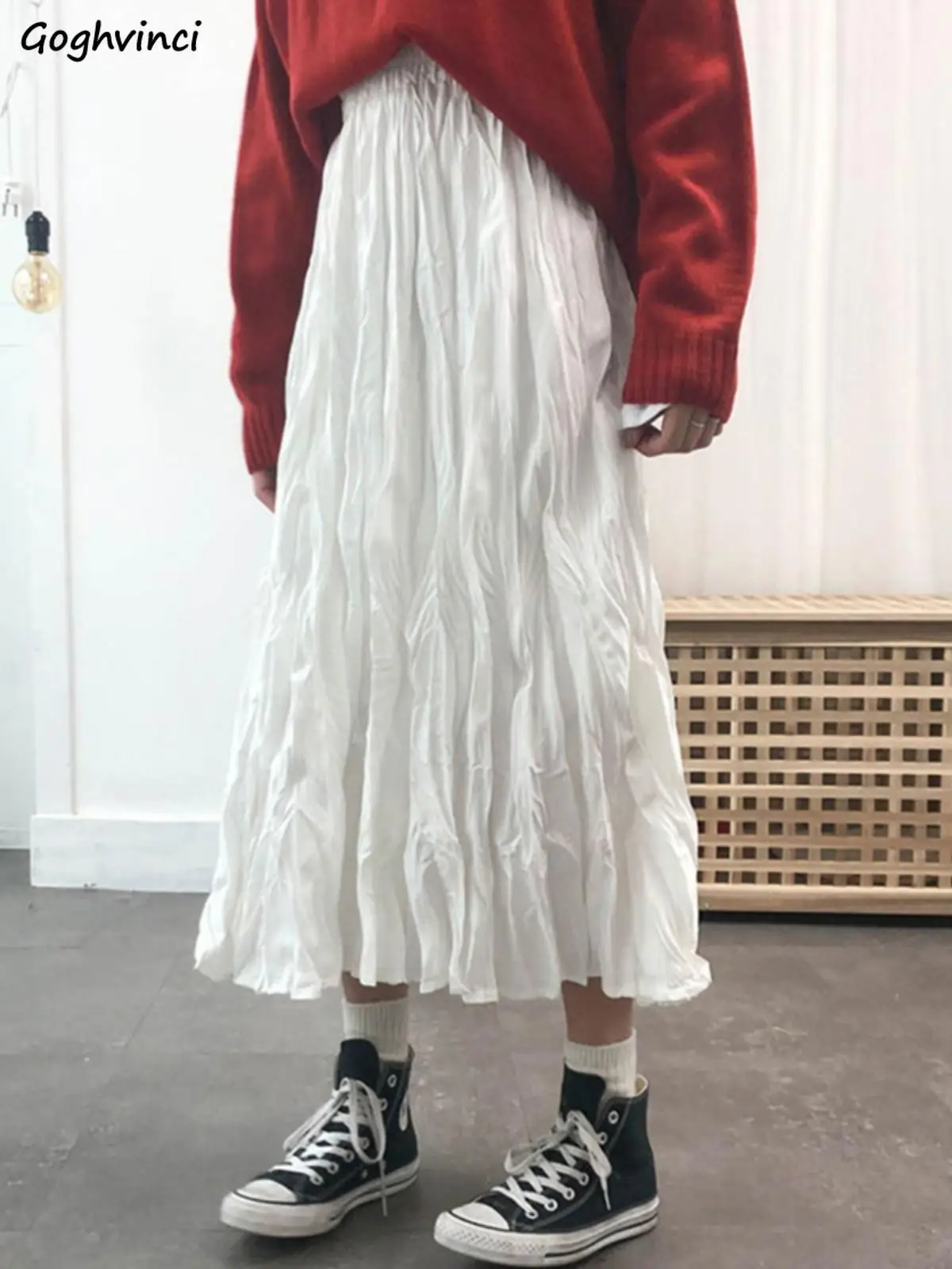 High Waist Skirts Women Pleated Midi A-line Faldas Comfortable Minimalist Youthful Literary Girlish Personality Temper Vintage