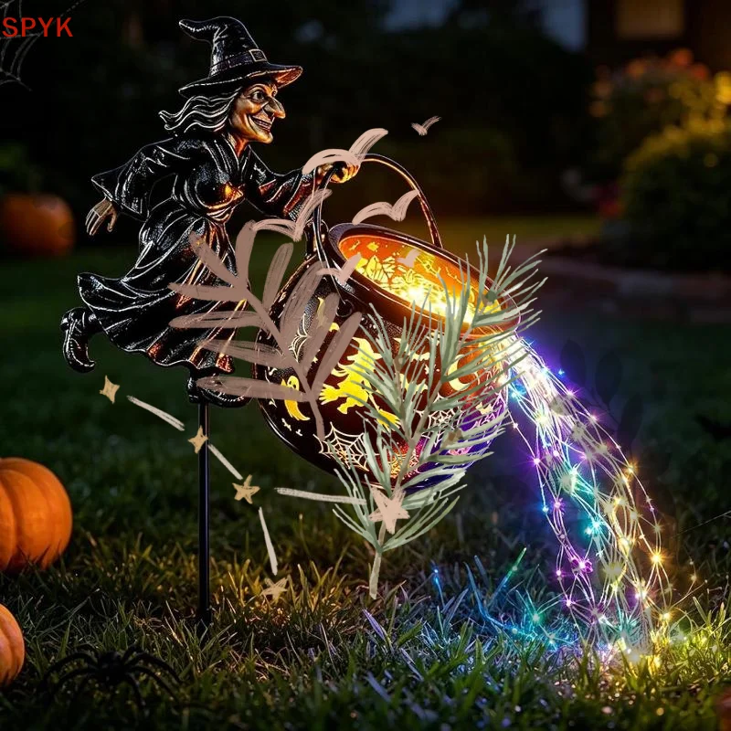New Halloween Witch Cauldron Stake Light: Outdoor LED Flowing String Waterproof Garden Yard