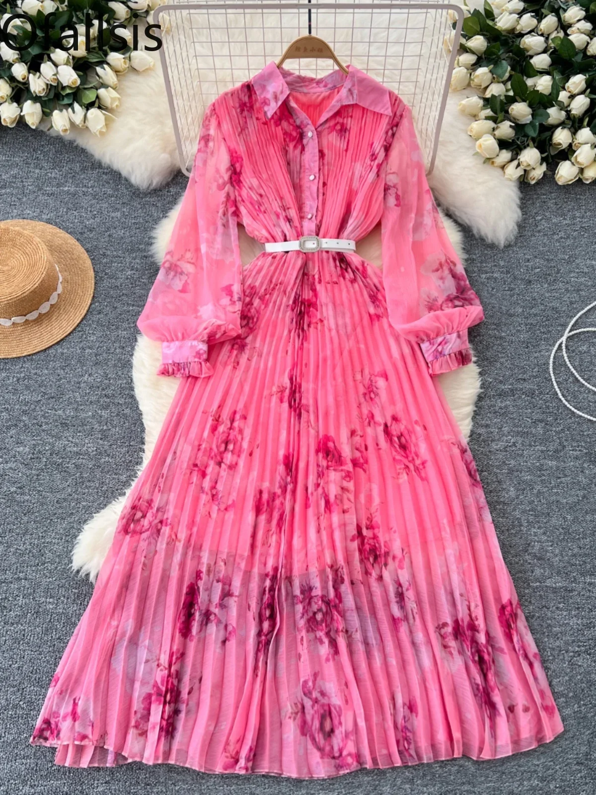 Ofallsis French Style Turn down Neck Retro Dress 2024 Autumn New Gentle Style Long Sleeved Single Breasted Printed Long Dresses