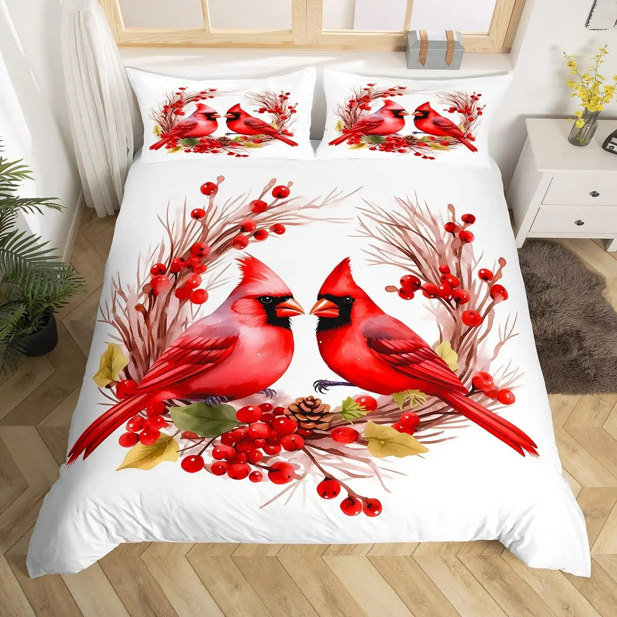 Red Cardinals Bedding Set King Queen Size Watercolor Pine Cones Duvet Cover Cute Birds Comforter Cover Romantic Love Quilt Cover