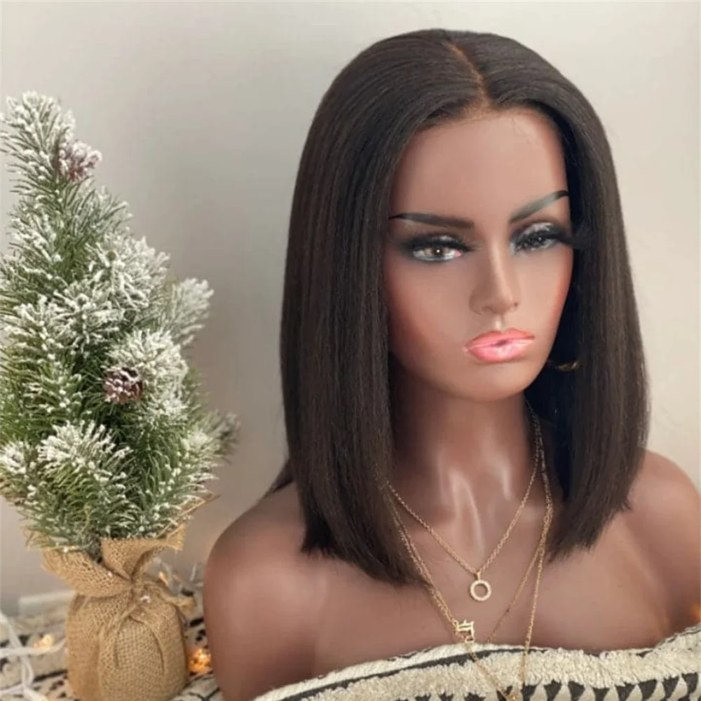 Natural Black Yaki 24Inch 180Density Kinky Straight  Lace Front Wig For Arican Women Babyhair Preplucked Heat Resistant Glueless