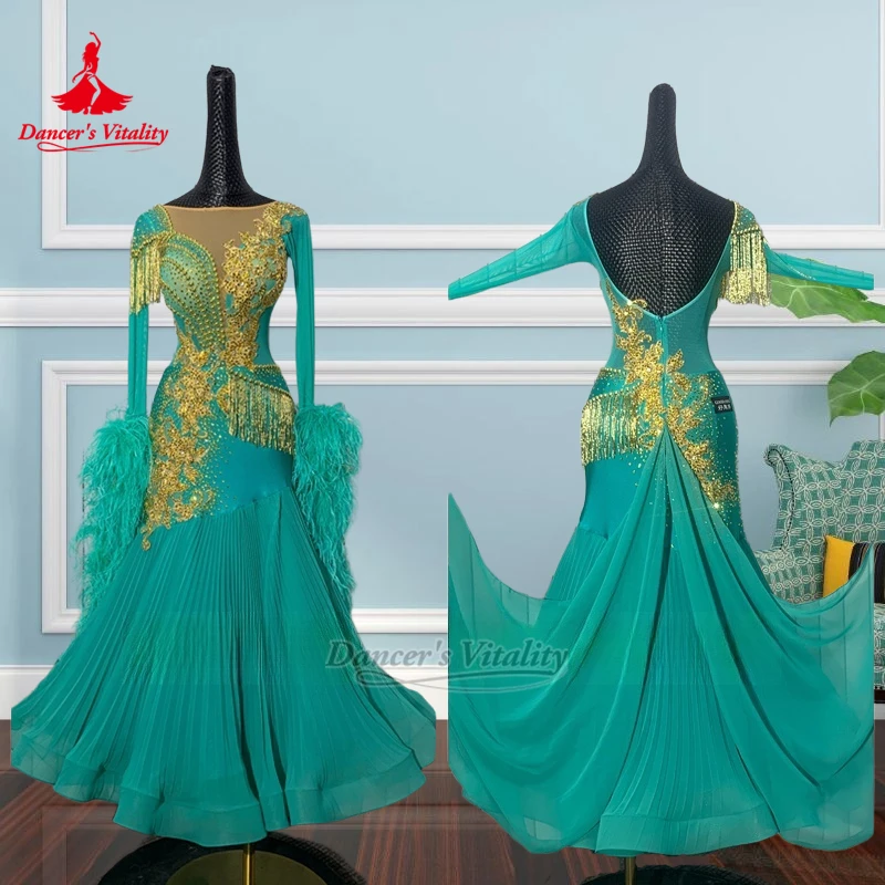 فساتين الفالس للبالغين ذات ثنيات بحاشية سفلية وأكمام طويلة فساتين فاخرة مخصصة لحيوية الراقصة والرقص الاجتماعي ملابس مسابقة ريش النعام #5