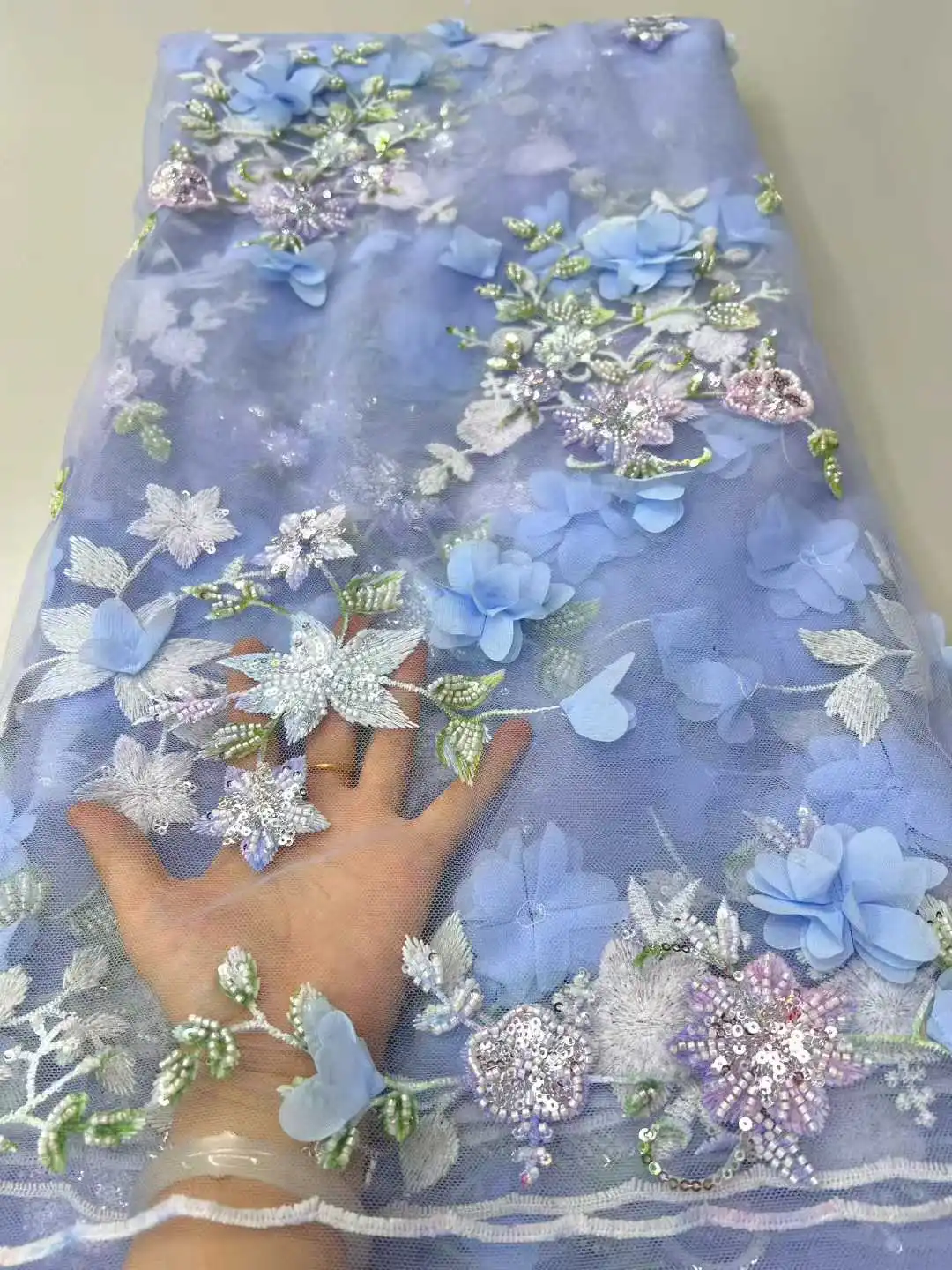 

5 Yards African 3D Flower Beads Lace Fabric 2025 High Quality French Nigerian Embroidery Tulle Fabric For Wedding Dress Sewing