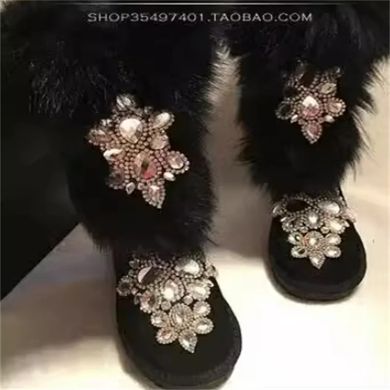 

New fur fox fur luxury heavy drill leather frosted cowhide snow boots handmade original cotton shoes