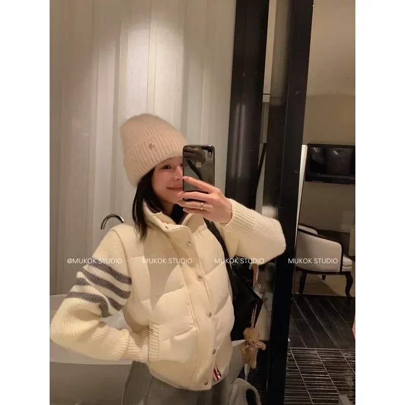 Korean Fashion Design Sense Knitted Splicing Down Jacket for Women\'s Winter New Warm and Loose Short Jacket Female Clothing