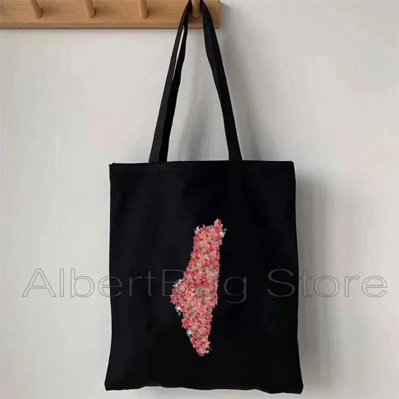 Heart Peace Floral Arabic Calligraphy Arab Keffiyeh Kufiya Folk Embroidery Tatreez Art Al Quads Gifts Canvas Tote Bag Handbag