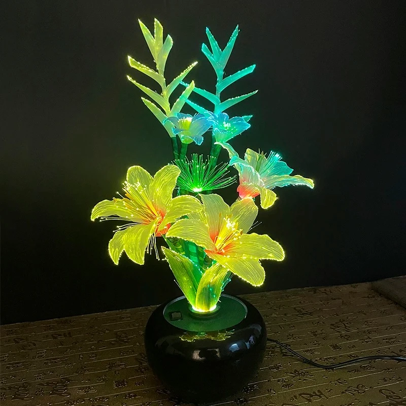 Bonsai Lily Flower Lighting Ornament LED Colorful Lotus Lamp Buddha Front Flower Shaped Eternal Lamp Buddha Hall Decoration