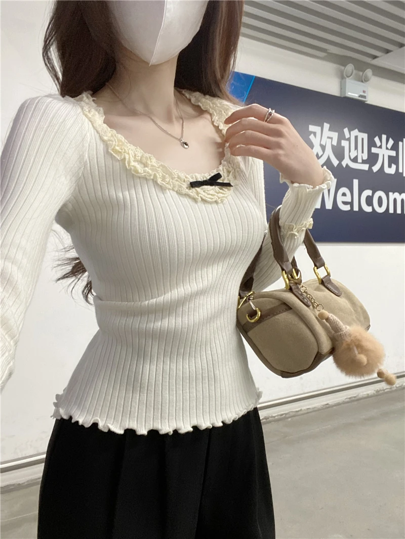 女性用長袖リブニットトップス,クルーネック,韓国プルオーバー,黒,白,リボン,ショート,グレーセーター,秋冬