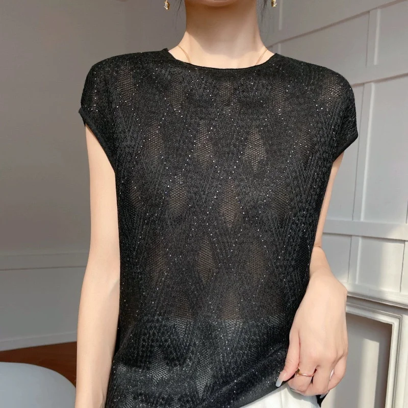 Lady Summer European Diamond-Embellished Crocheted Lace Hollow-Out Mesh Top, Organza Knitted Cardigan, Solid Wool O-Neck Tshirt
