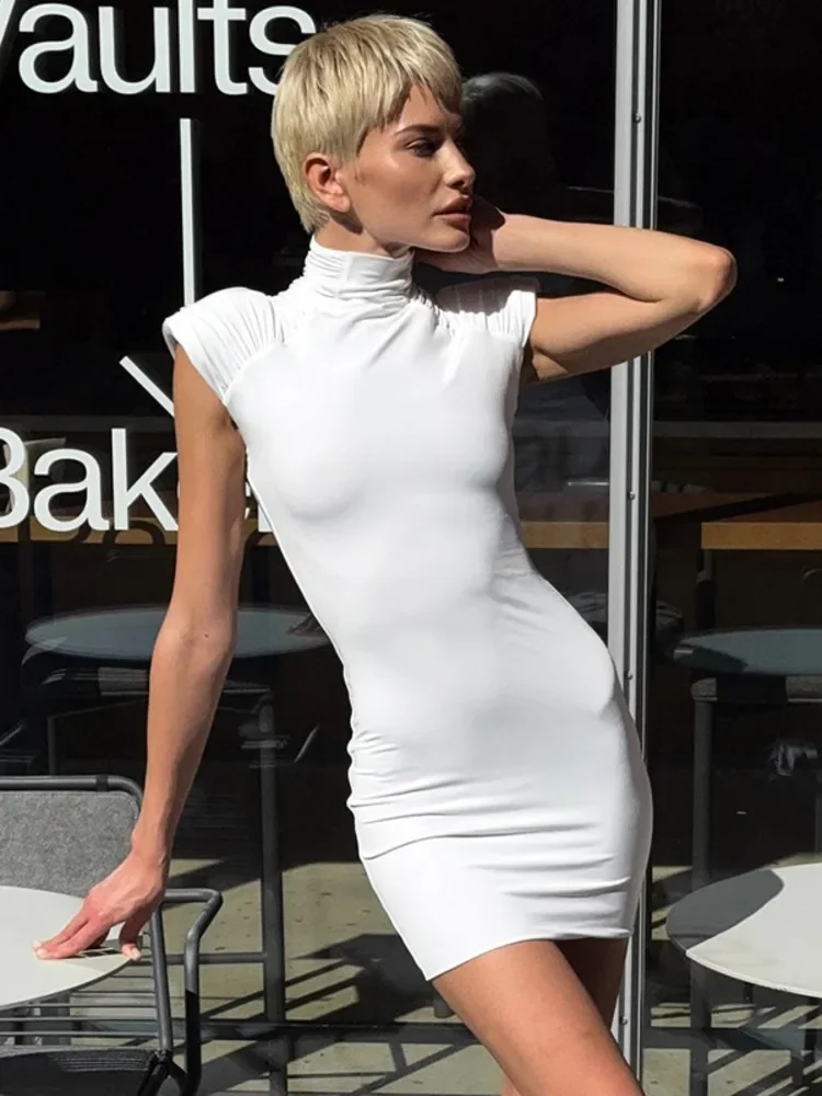 Col roulé sans manches Sexy Mini robe pour les femmes mode solide fermeture éclair froncé moulante Club fête débardeur robes femme