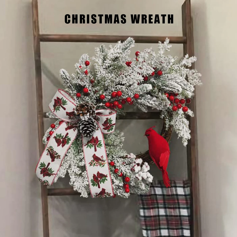 Artificial Christmas Wreath Red Berry and Cardinal Bird Hanging Wreath Ornaments Front Door Christmas Wreath for Outdoor Indoor