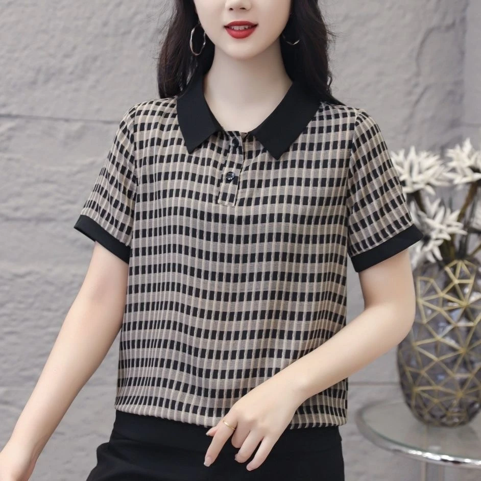 بلوزة نسائية بولو الرقبة زر مطبوعة تهوية الصيف أنيقة فضفاضة تخفيف قميص قصير الأكمام بلايز عادية
