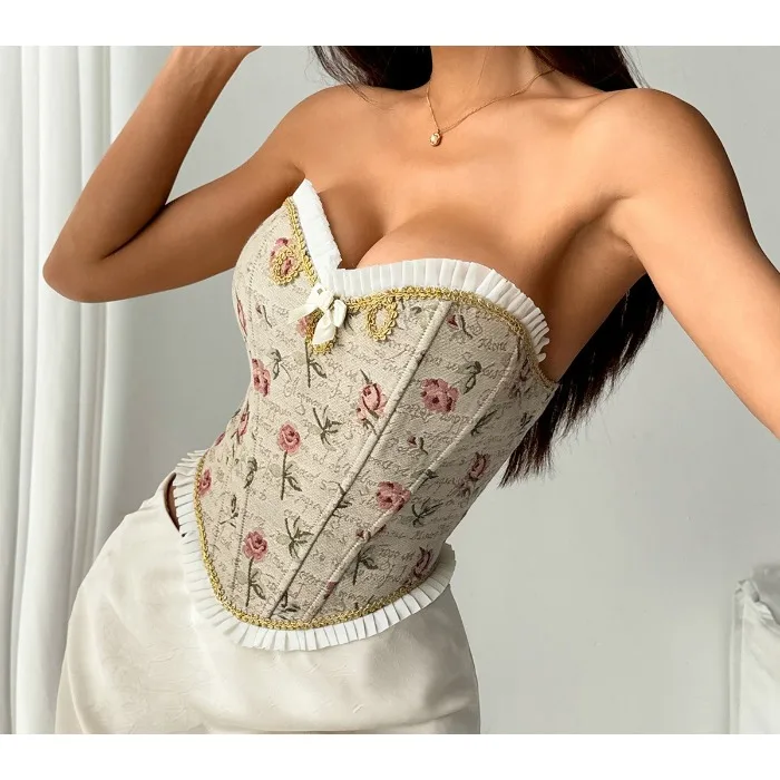 Sexy Vest for Women Summer 2025 New Splicing Pleated Edge One Shoulder Strapless Fishbone Corset Lace Up Sleeveless Tank Top