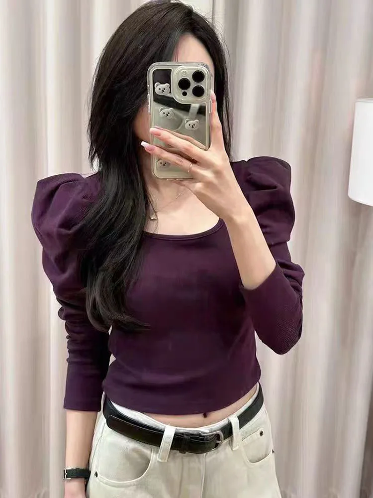 

Korea Fashion Purple Short T-Shirts For Women Elegant Square Collar Puff Long Sleeve Casual Slim Slim Elastic Top Tees Female