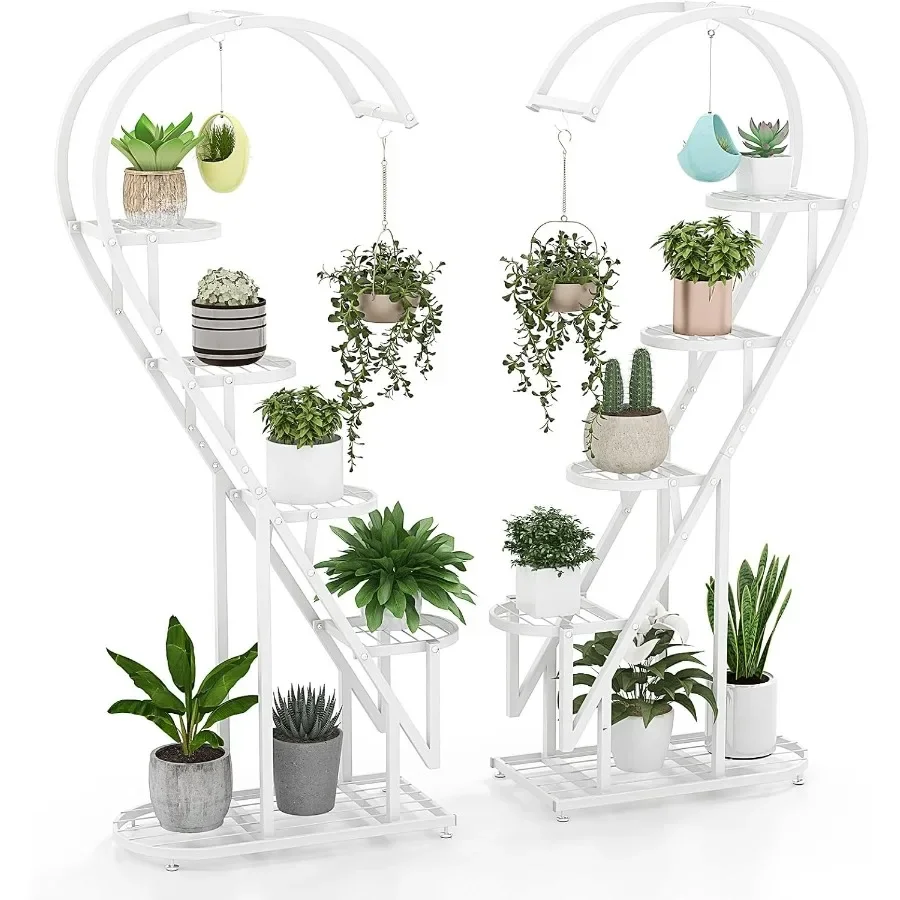 6-Tier Heart-Shape Metal Plant Stand Set with 12 Shelves & 6 Hanging Hooks, Sturdy Ladder Flowerpot Display Rack for Indoor Balcony Home Decor