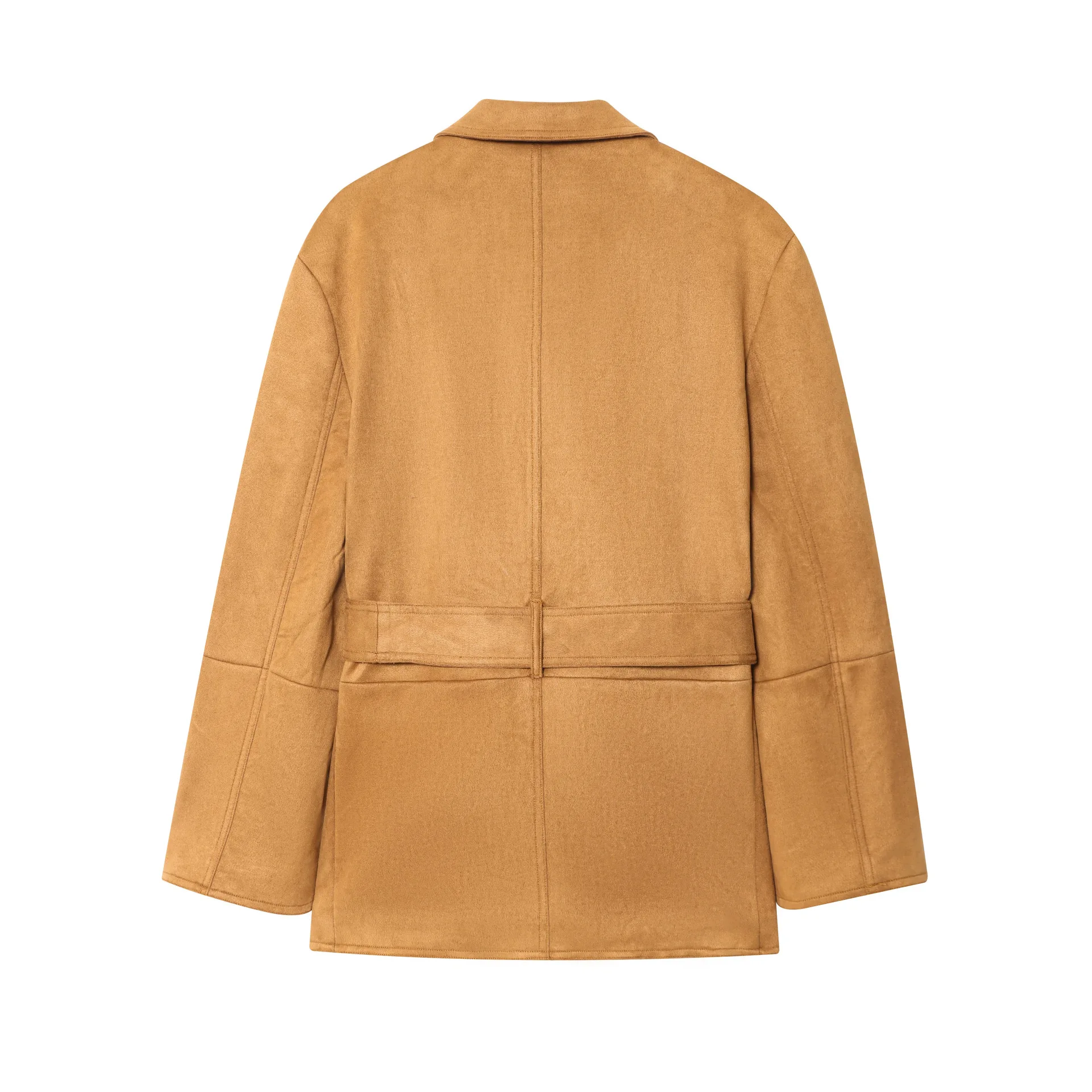 2025 New Antique Bronze Notched Lapel Faux Suede Blazer Women Waist Tie Multi Pocket Spliced Cuff Design