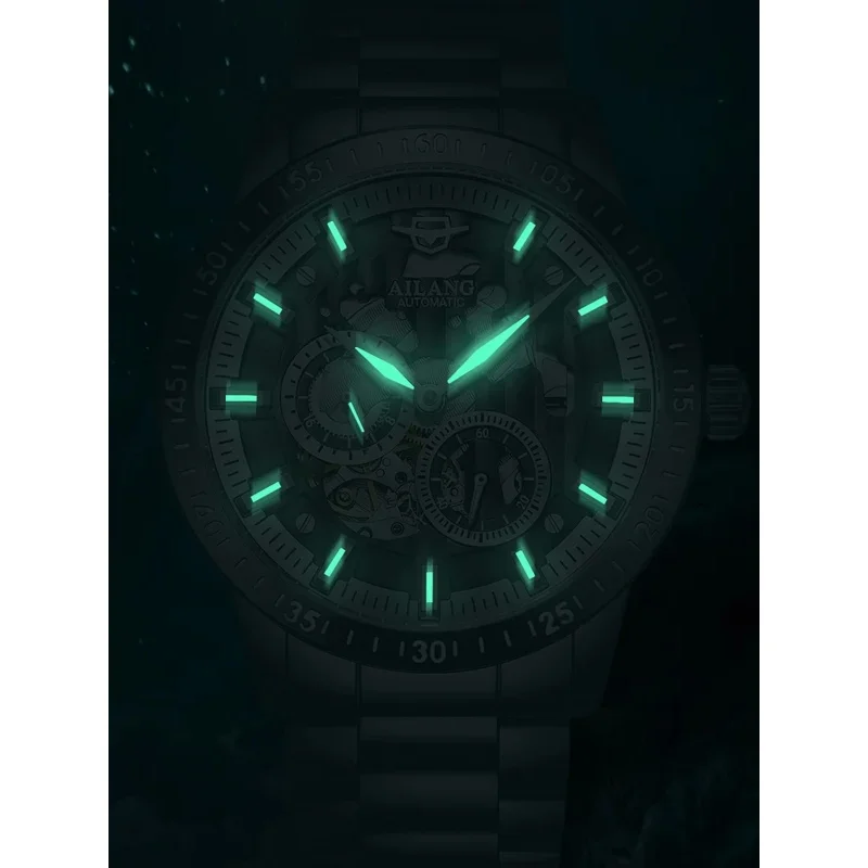 Hot AILANG 8130 Men's Automatic Mechanical Watch Double-Sided Skeleton Luminous Waterproof Stainless Steel Sport Watch For Men