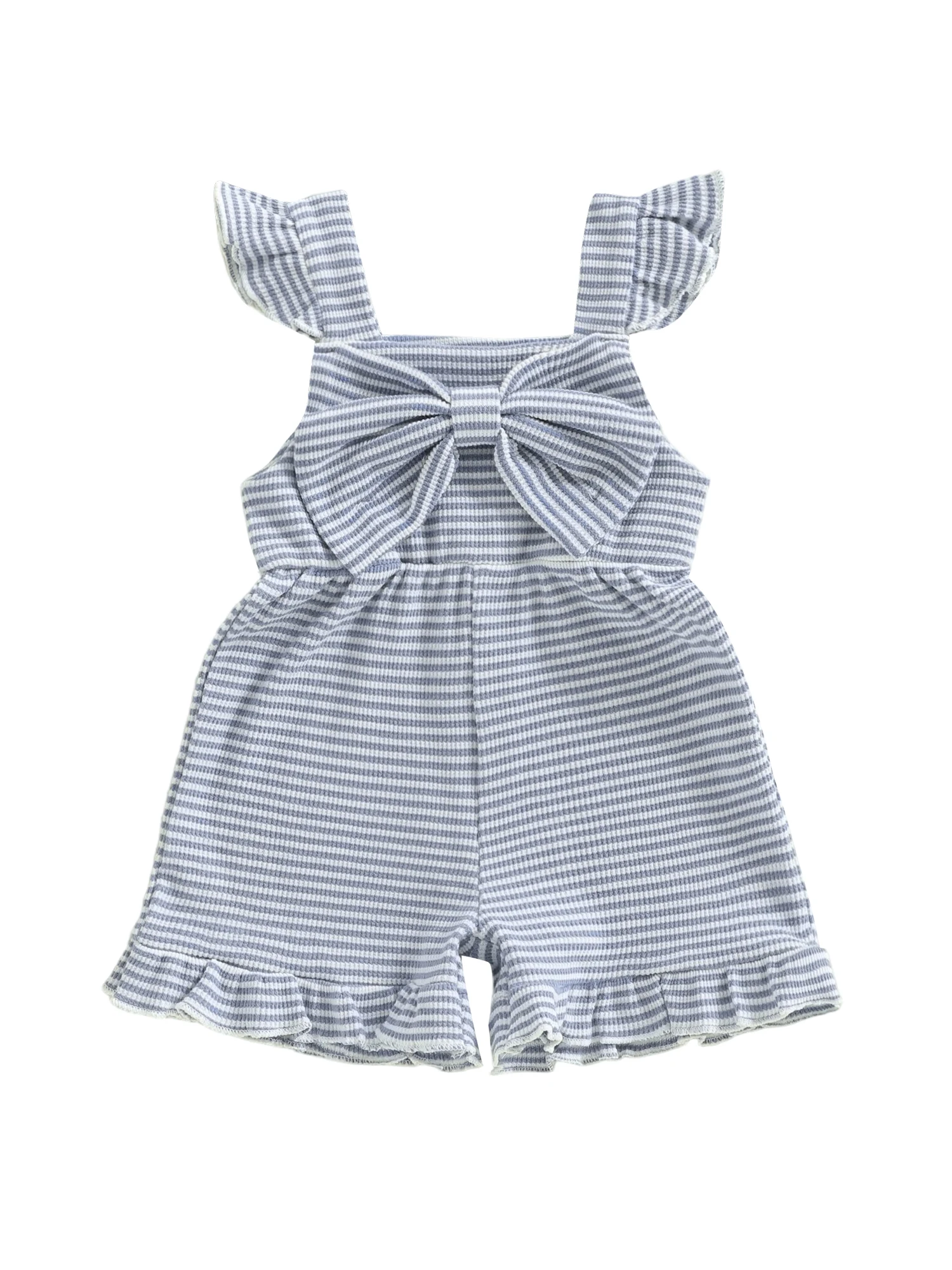 

Adorable Infant Girls Striped Romper with Sleeveless Design Ruffle Detail and Bow Accent for a Stylish Look