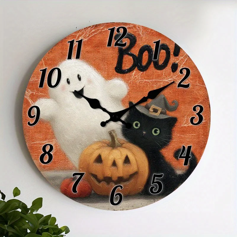 1pc Silent Wall Clock Non-Ticking Wooden, Decorative Circular Clock Halloween-themed clock with ghost and cat Design for Bedroom