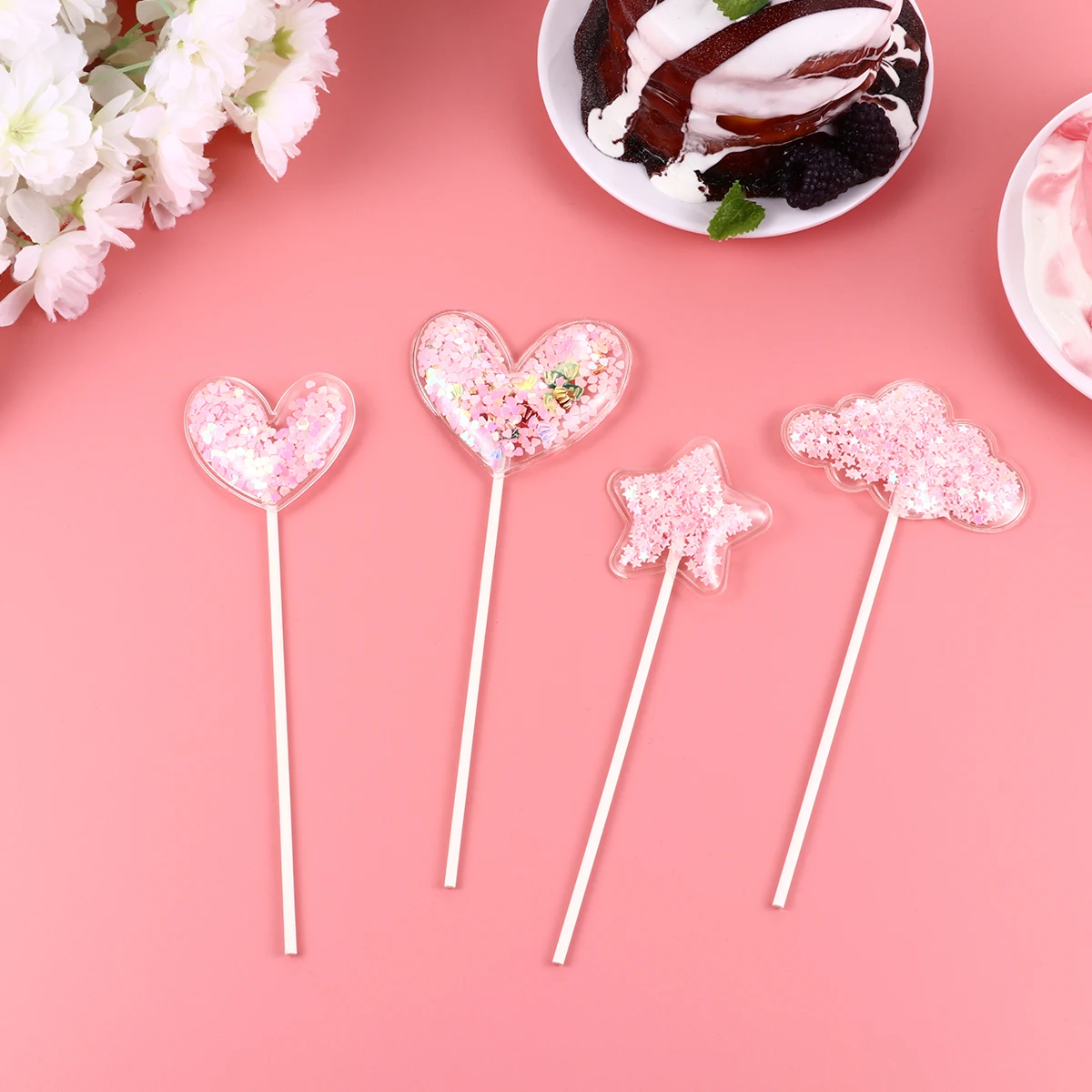 

8pcs Toppers Heart Shape Picks Flash Confetti Cake Toppers Decorations Birthday Party Supplies Safe Cupcake Picks Material