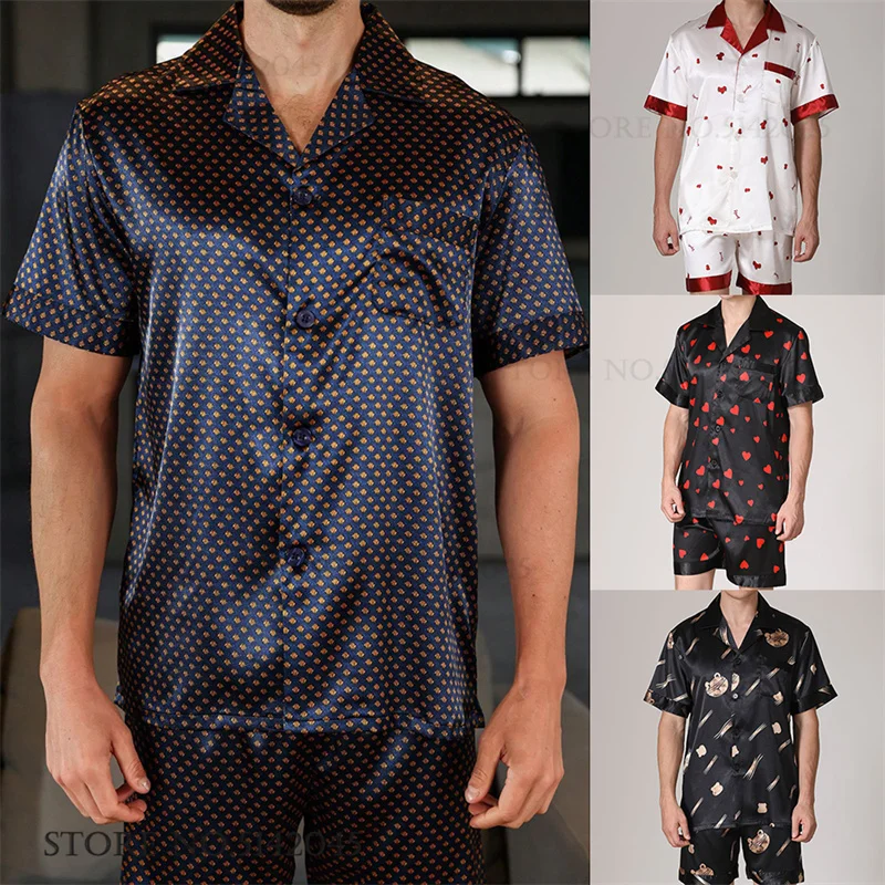 Summer New Mens Pajamas Set Loungewear Print Dot Short Sleeve Shorts Pijamas Suit Loose Casual Satin Sleepwear Homewear Pyjama