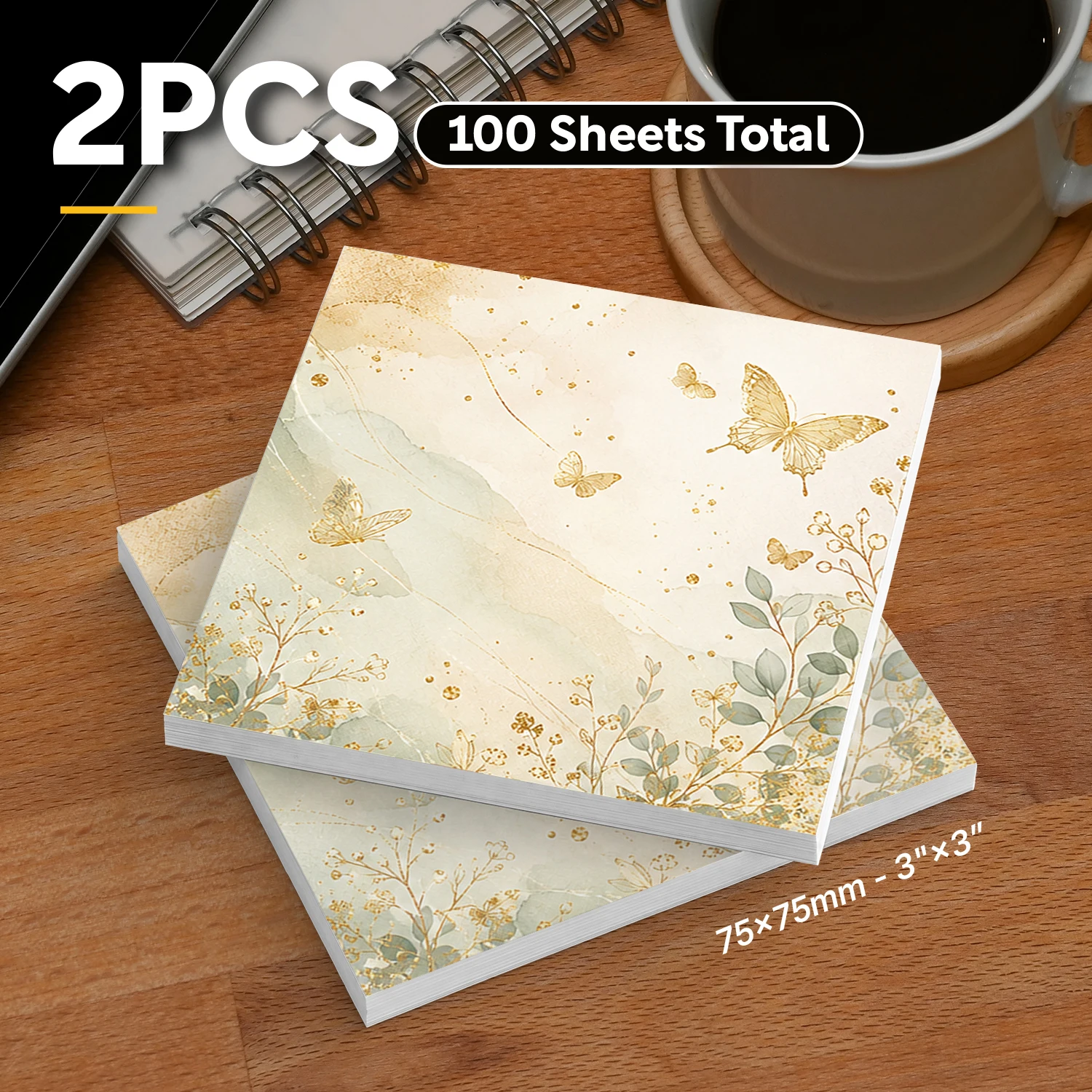 2pcs Gold Butterfly Sticky Notes, 100 Sheets Total, 3x3 Inch Self Stick Memo Pads, Cute Square Sticky Note Pads with Elegant