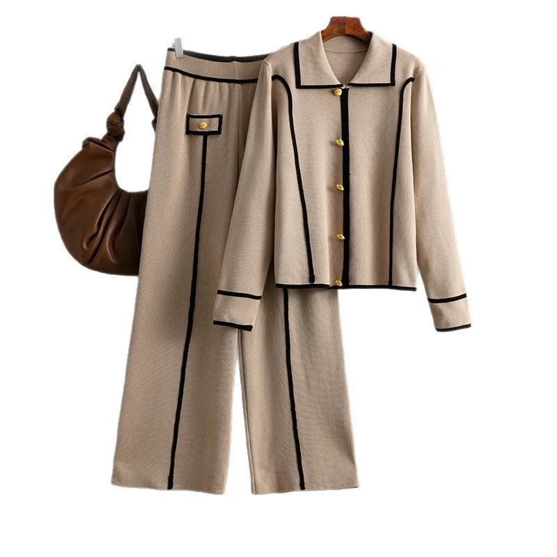 여성 스웨터 투피스 수트 풀오버 니트 와이드 레그 팬츠 무슬림 세트 니트웨어 싱글 브레스티드 2025 가을 겨울 의상