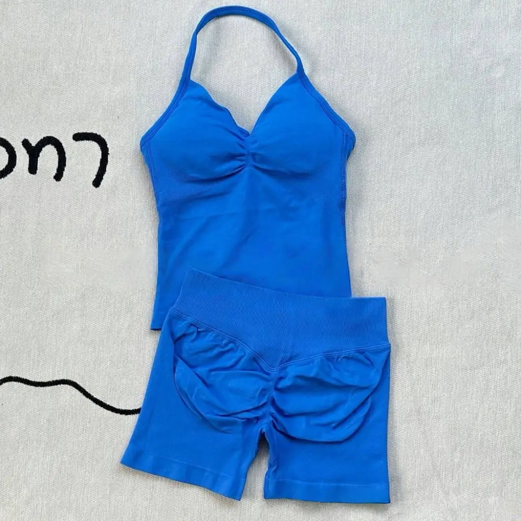 Women Gym Suit Clothes Longline Strappy Top Bras Seamless Running Shorts Sports 2 PCs Fitness Suit Running Workout Yoga Set image 5