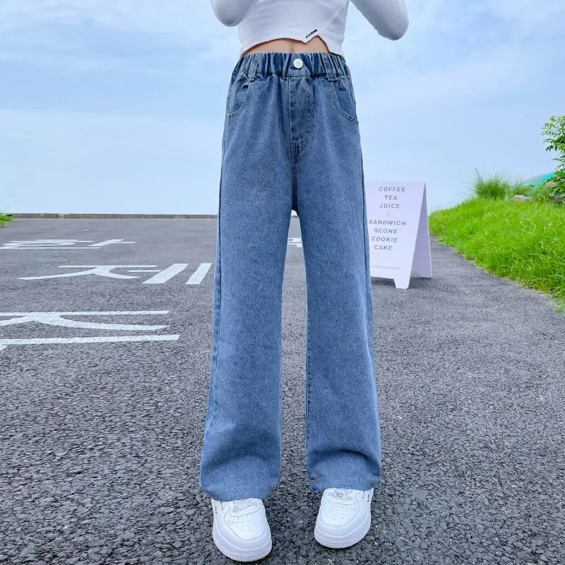 Teenage Girls Jeans 2024 Spring Autumn Casual Fashion Loose Blue Kids Leg Wide Pants School Children Trousers 6 8 10 12 Year