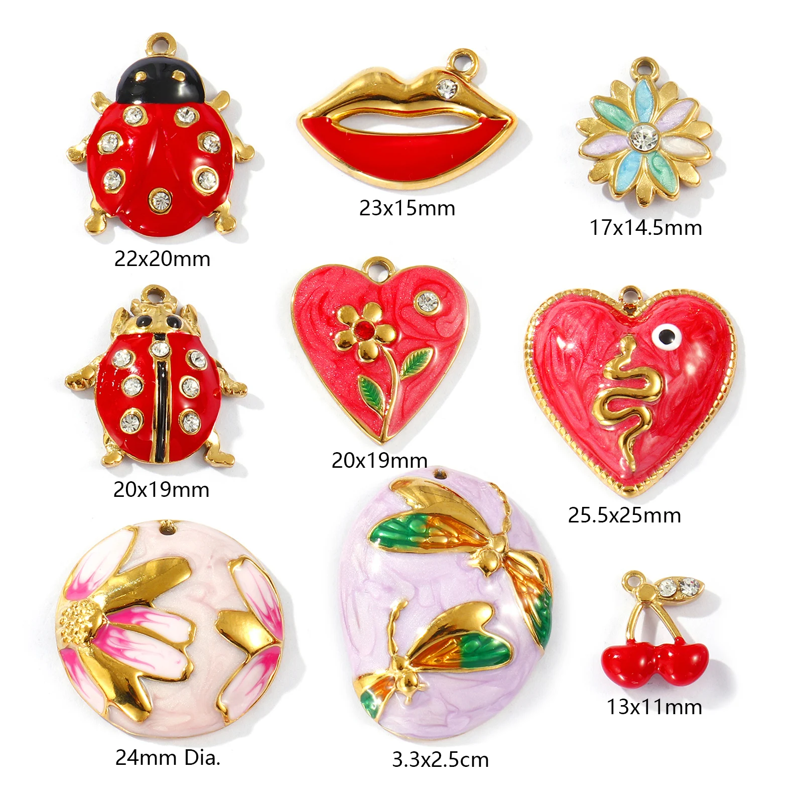 2pcs New Stainless Steel Charms Ladybug Animal Heart Flower Rhinestone Multicolor Enamel Pendants DIY Necklace Earring Jewelry