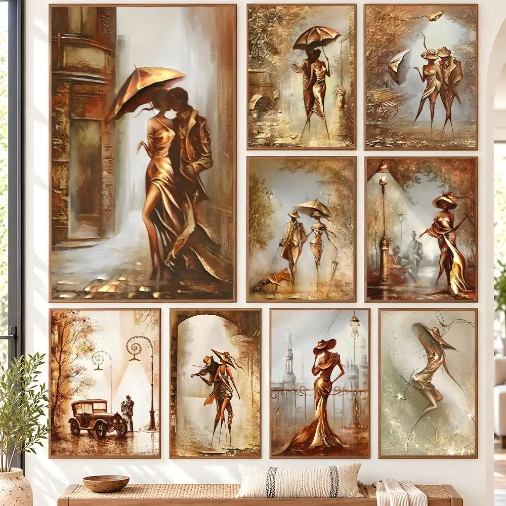 Golden Vintage Beauty Romantic Love Couple Art Poster Nordic Style Self Adhesive Matte Finish Removable Wall Decor for Home Room