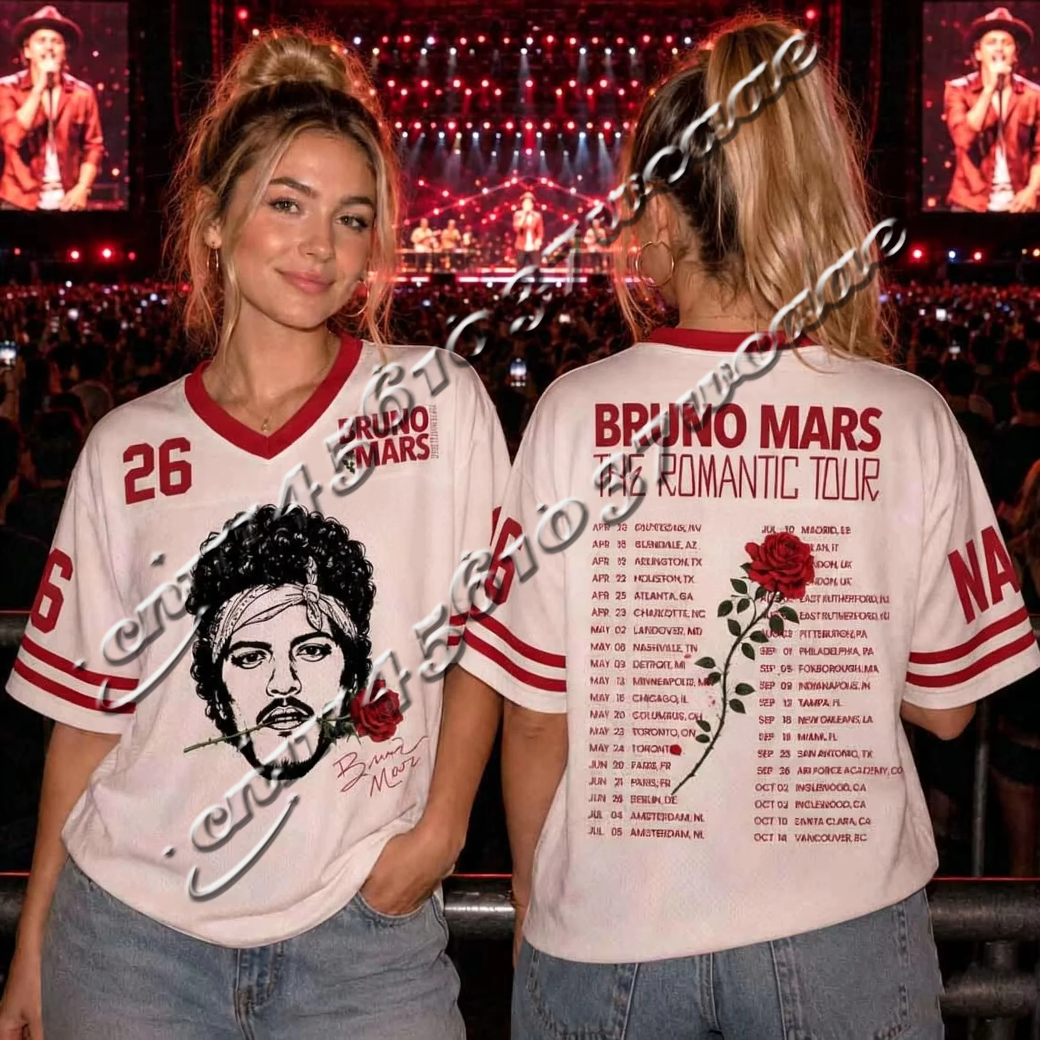 2026Mars The Romantic Tour Football Jersey V Neck T Shirt Retro Rose Portrait  Concert Fan Adults Streetwear Tops FamilyMatching