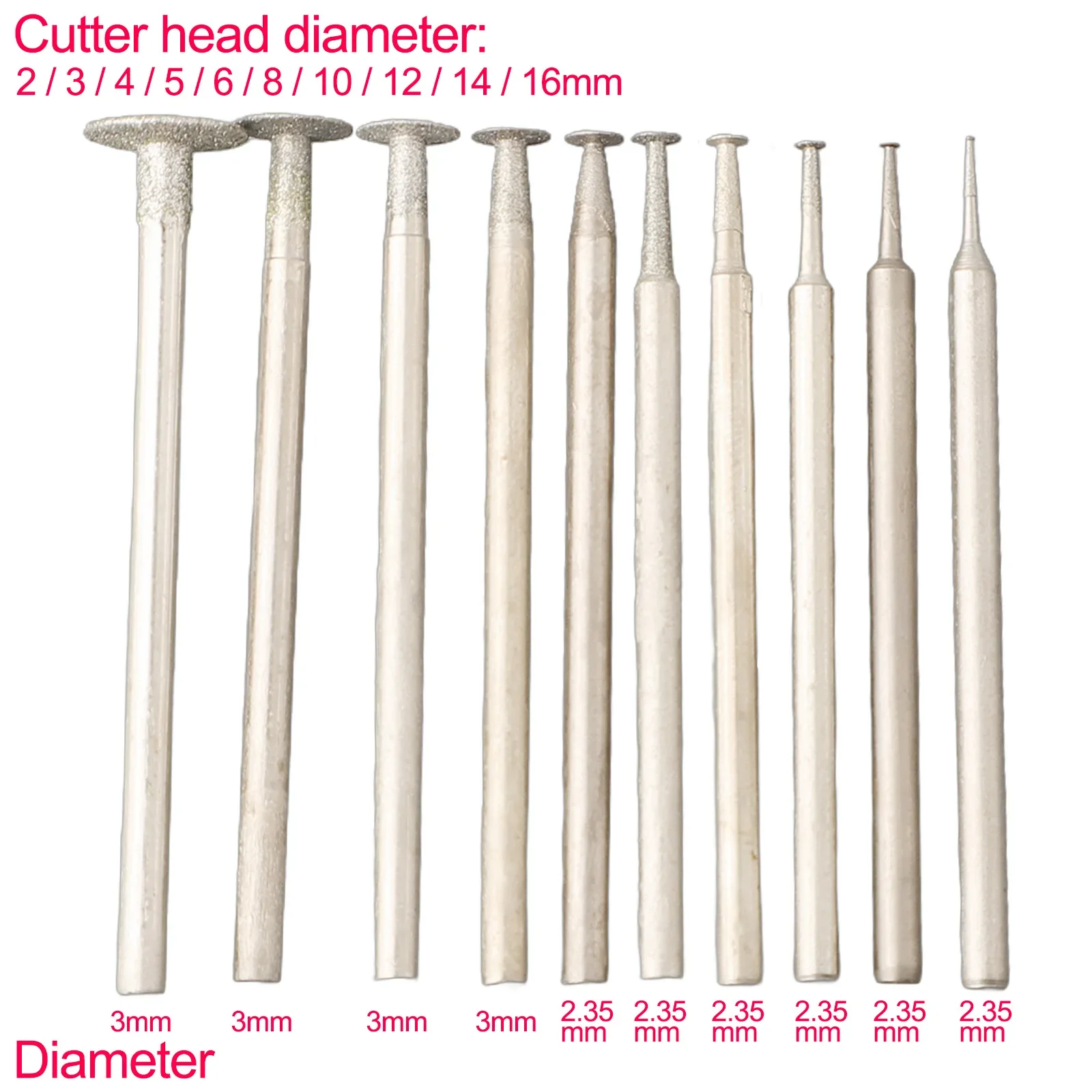 

10Pcs Diamond Grinding Head Mounted Points 2-16mm Cutter Head Stone Jade Carving Polishing Engraving Tools 2.35/3mm Shank