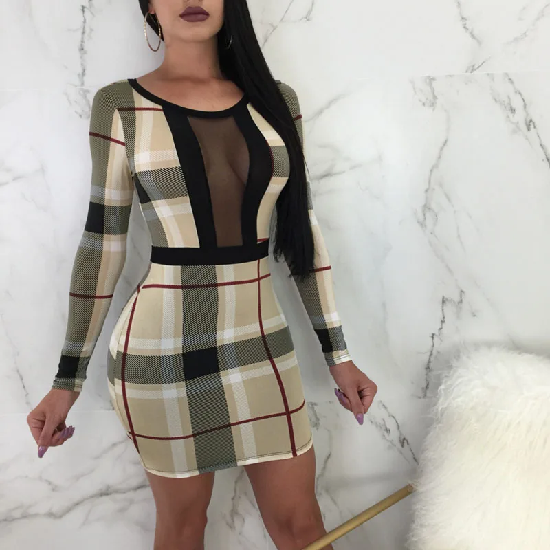 Women Classy Plaid Print Dresses Slim Long Sleeve Mesh Splicing Wrapped Hip Print Party Mini Dress Office Lady