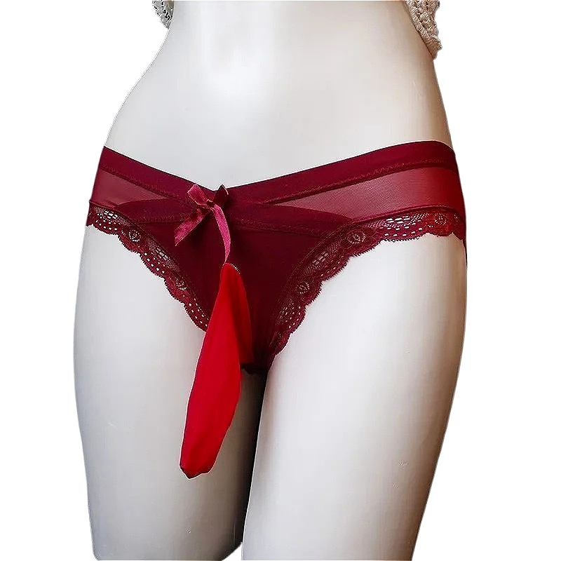 Underwear Mens Women Sexy Panties Bow-knot Open Close Sheath Low Rise Ultra-thin Sissy Pouch Briefs Crossdress Male Lingerie