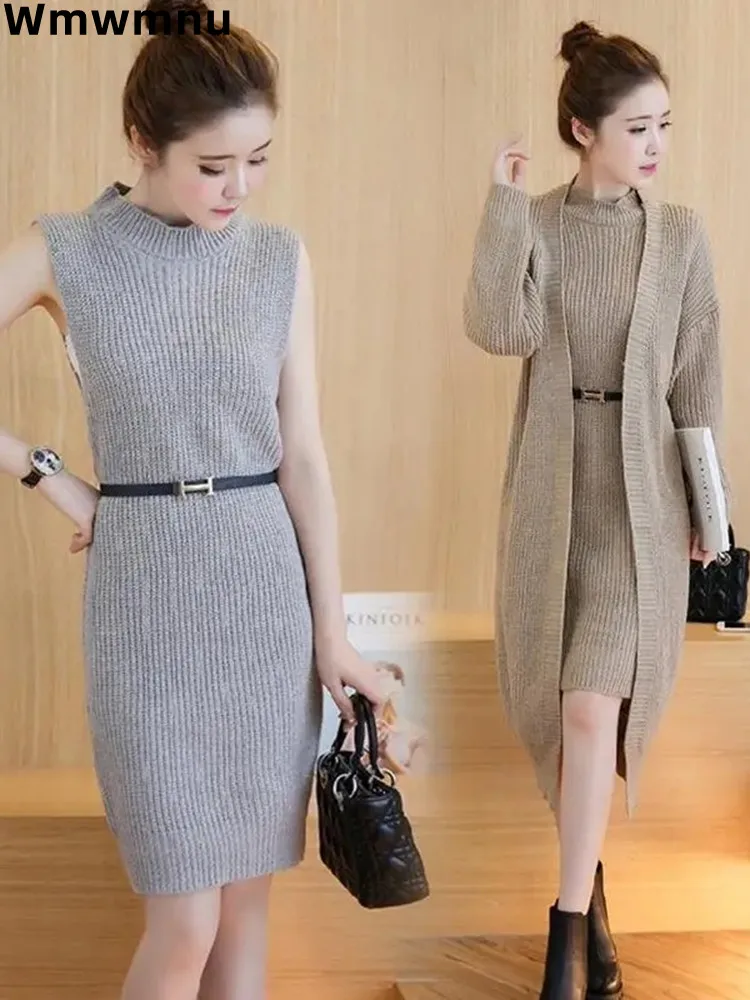 Elegant Vintage Knitwear Dress 2 Piece Set Luxury Sleeveless Midi Suster Dresses Conjunto Korean Chic Long Jacket Ensembles New