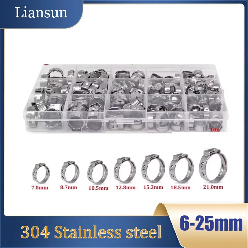 170pcs/Set Stainless Steel Single Ear Stepless Clamp 6-25mm Fuel Water Hose Clamps Cinch Clamp Rings for Sealing Kinds of Hose