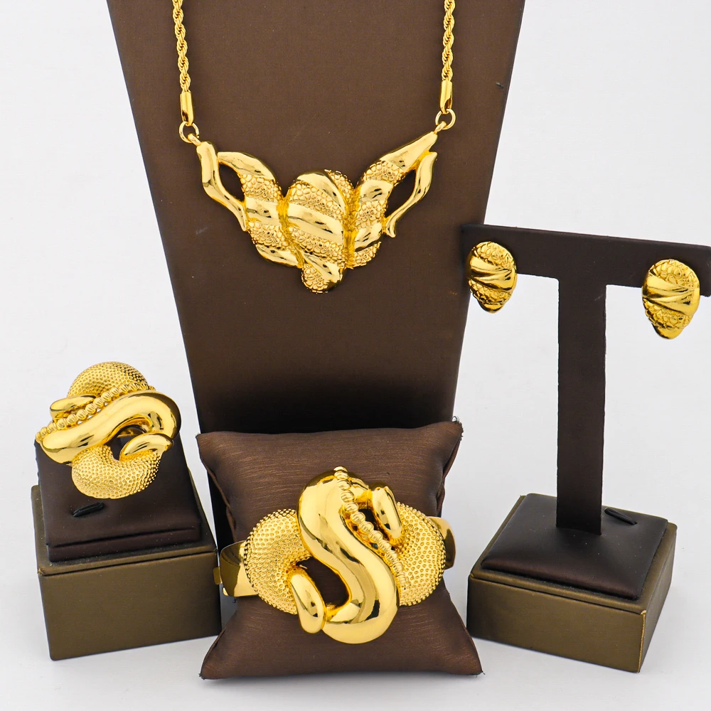 

NKLS Africa Gold Color Jewelry Set for Women Snake Pattern Necklace Earrings Ring And Bangle Gift For Party Women's Day