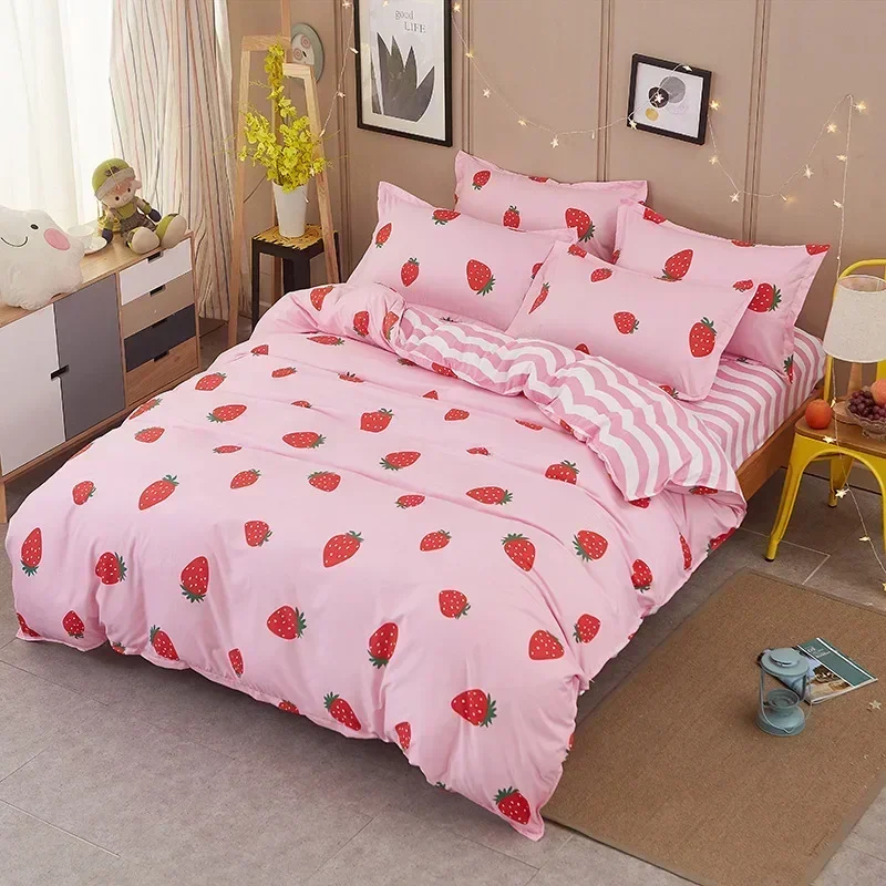 Pink Strawberry Comforter Bedding Sets Bed Sheets Cute Fruit Duvet Cover King Queen Size Gift For Girl Kids Lovely Bedspread